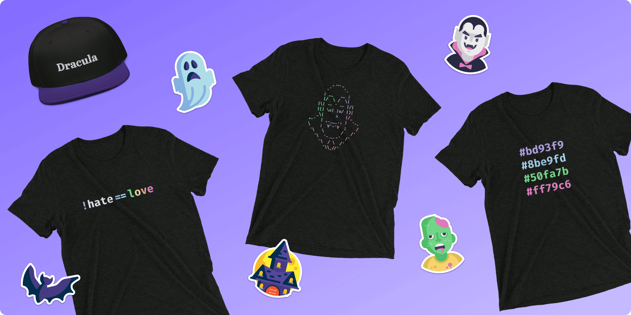 T-shirts, stickers and a hat from Dracula Shop